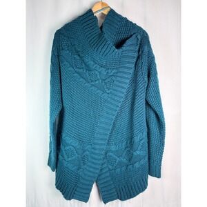Ruff‎ Hewn Grey Cable Knit Open Front Cardigan Sweater Teal Blue XL